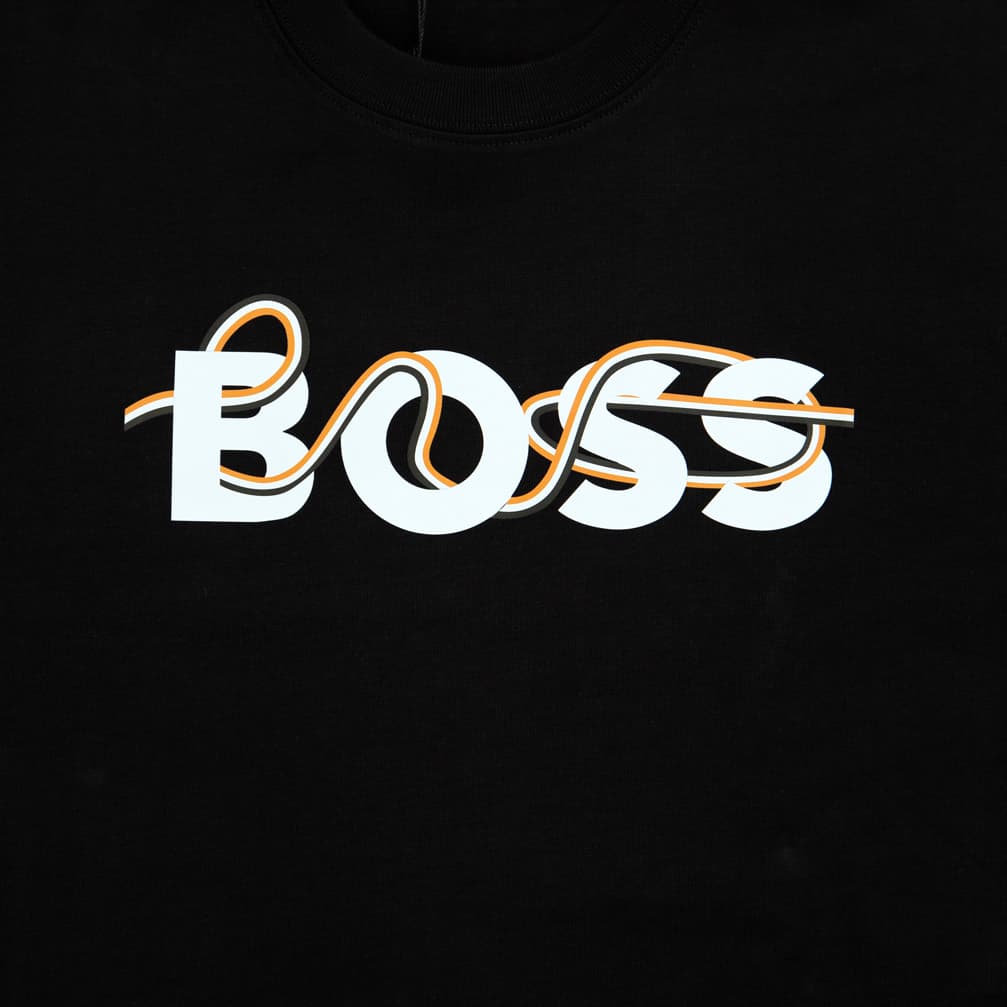 A classic black, short-sleeved, crew-neck t-shirt featuring a unique, stylized graphic of the word "BOSS" across the chest.