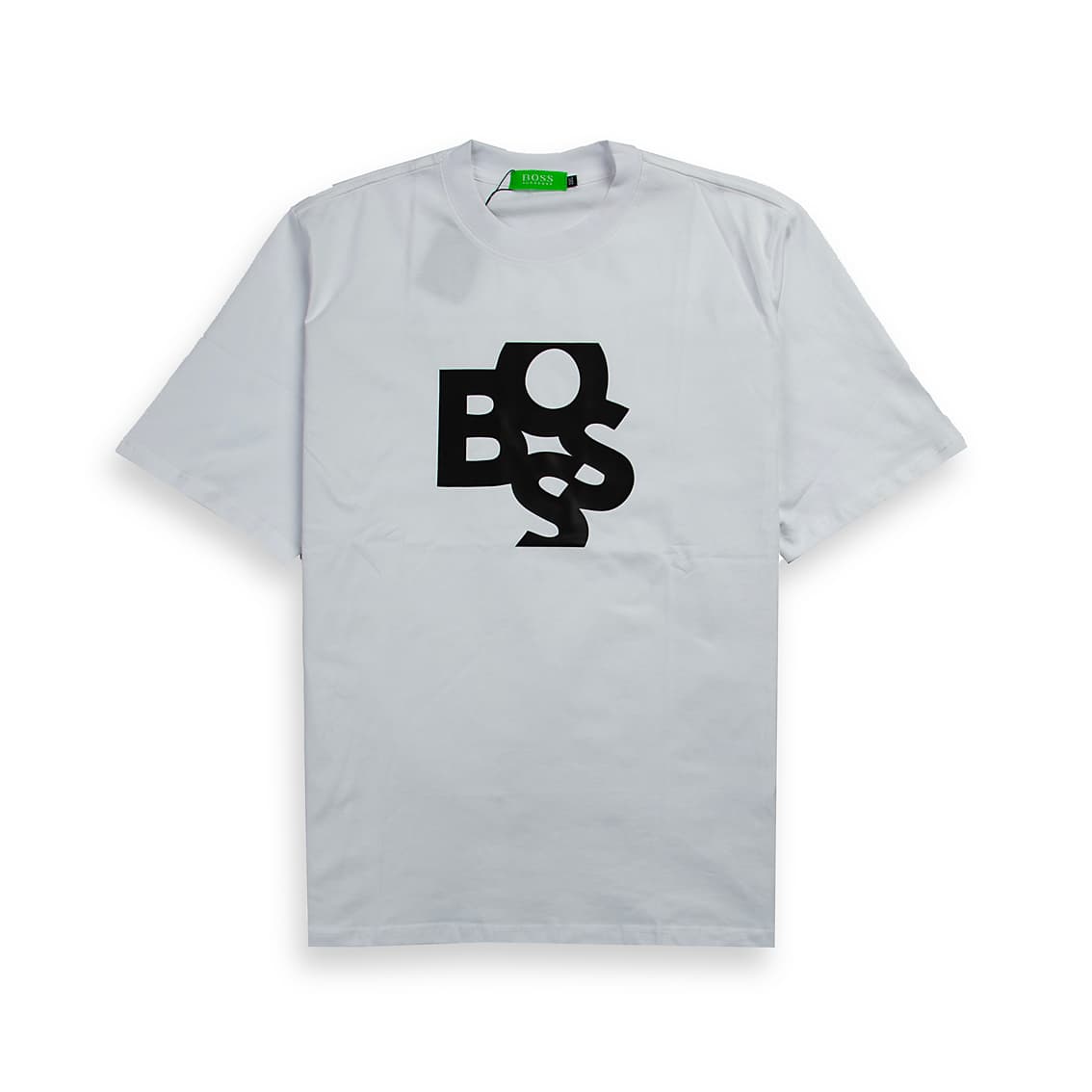 A simple, modern light grey (or very pale off-white) short-sleeved, crew-neck t-shirt. It features a bold, large black graphic of the word "BOSS" rendered in a stylized, abstract, and overlapping script across the chest.