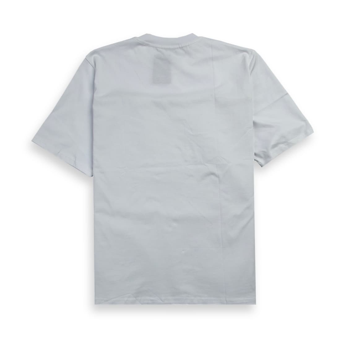 A simple, modern light grey (or very pale off-white) short-sleeved, crew-neck t-shirt. It features a bold, large black graphic of the word "BOSS" rendered in a stylized, abstract, and overlapping script across the chest.