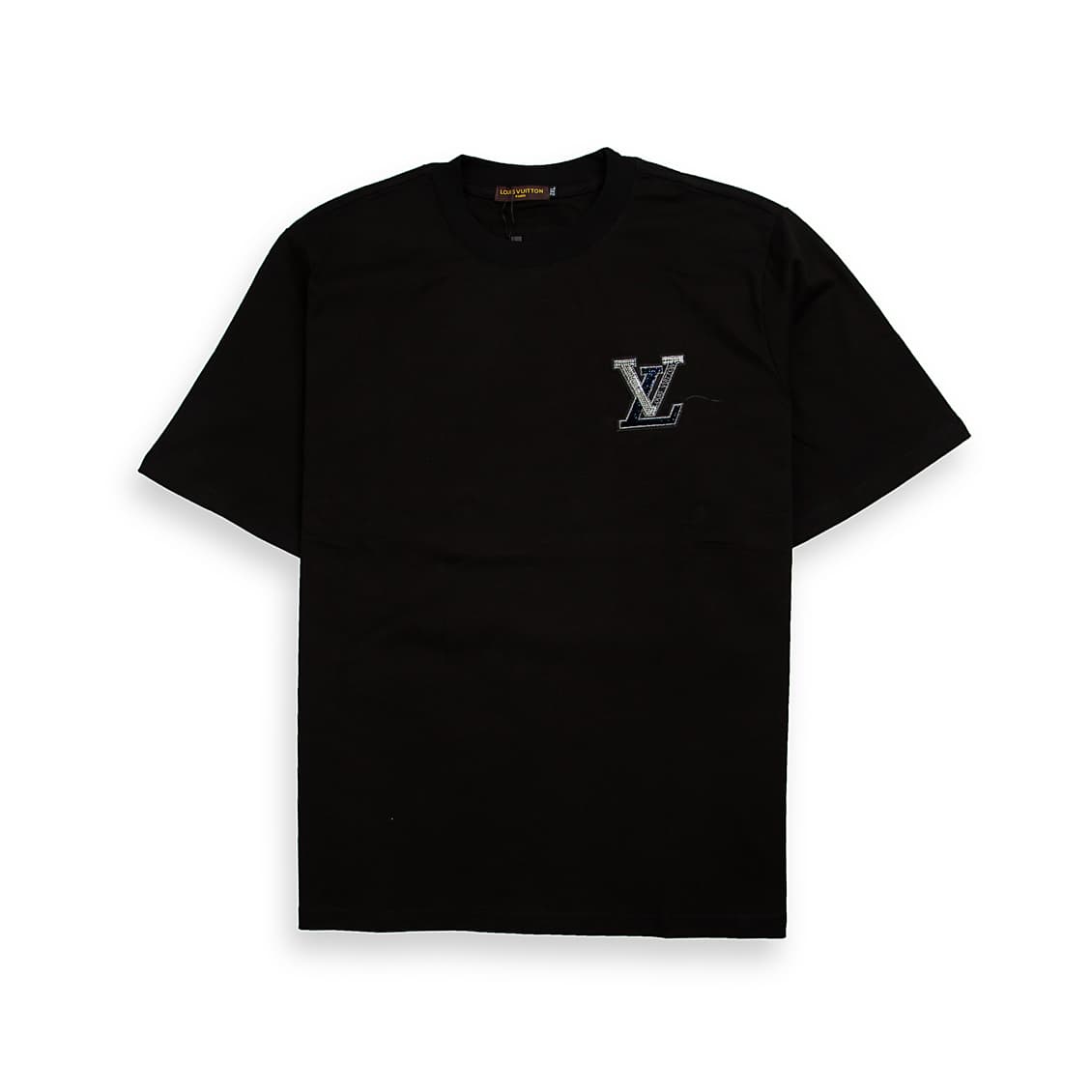 A sleek, classic black, short-sleeved, crew-neck t-shirt. It features a small, eye-catching appliqué patch on the left chest.
