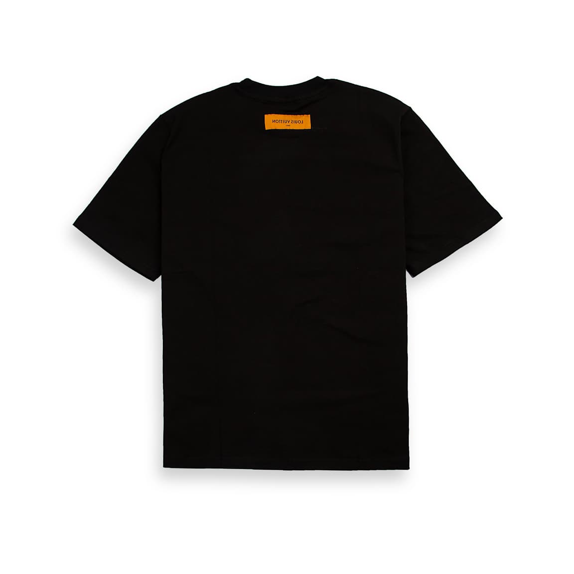 A sleek, classic black, short-sleeved, crew-neck t-shirt. It features a small, eye-catching appliqué patch on the left chest.
