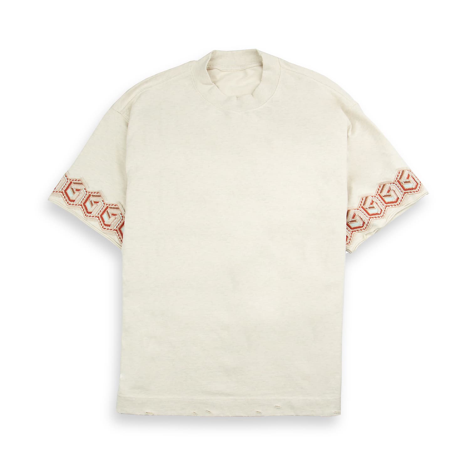 Unisex Embroidered Oversized Mock-Neck T-Shirt - Ecru