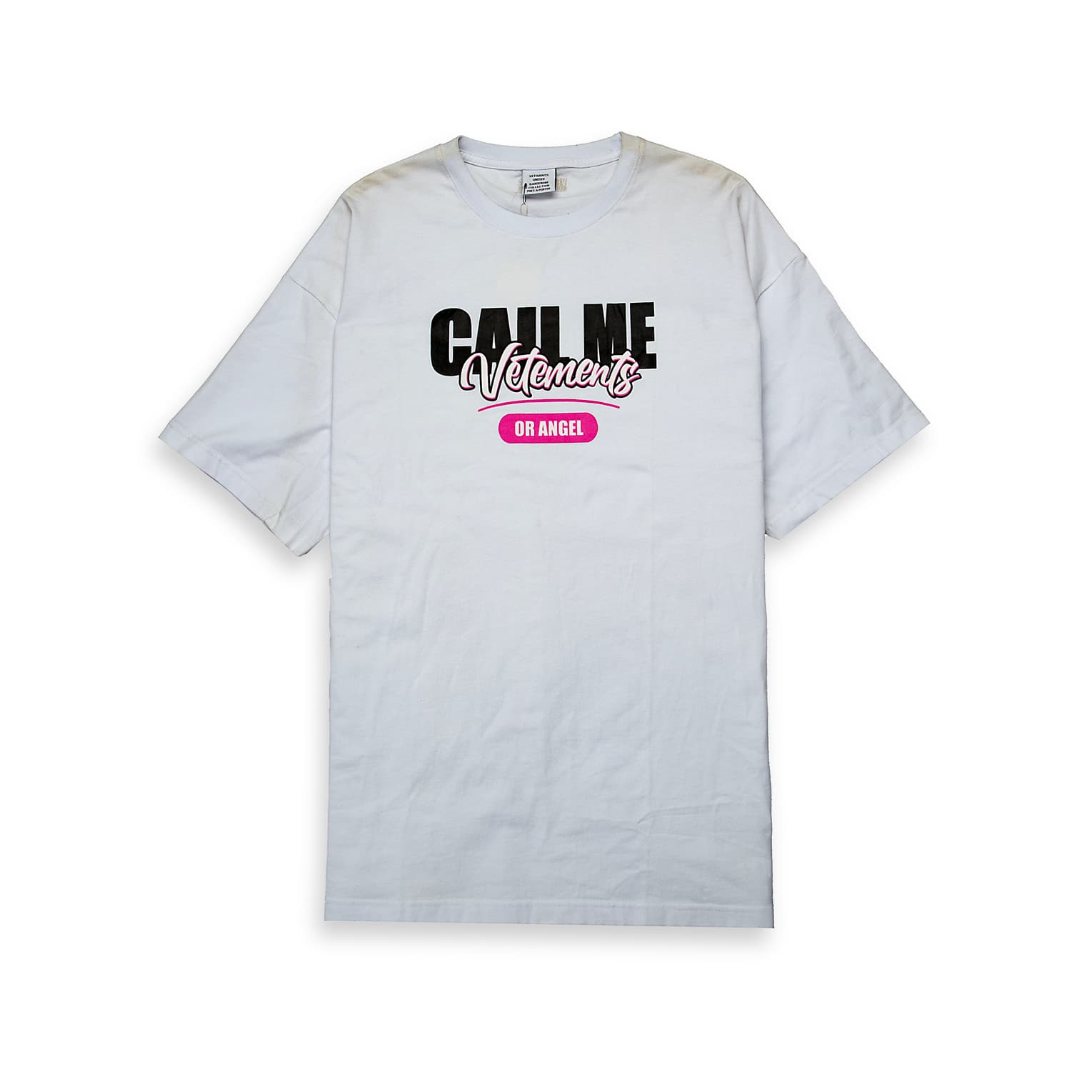  This is a white, short-sleeve crew-neck t-shirt featuring a bold, playful, and high-fashion inspired graphic slogan.