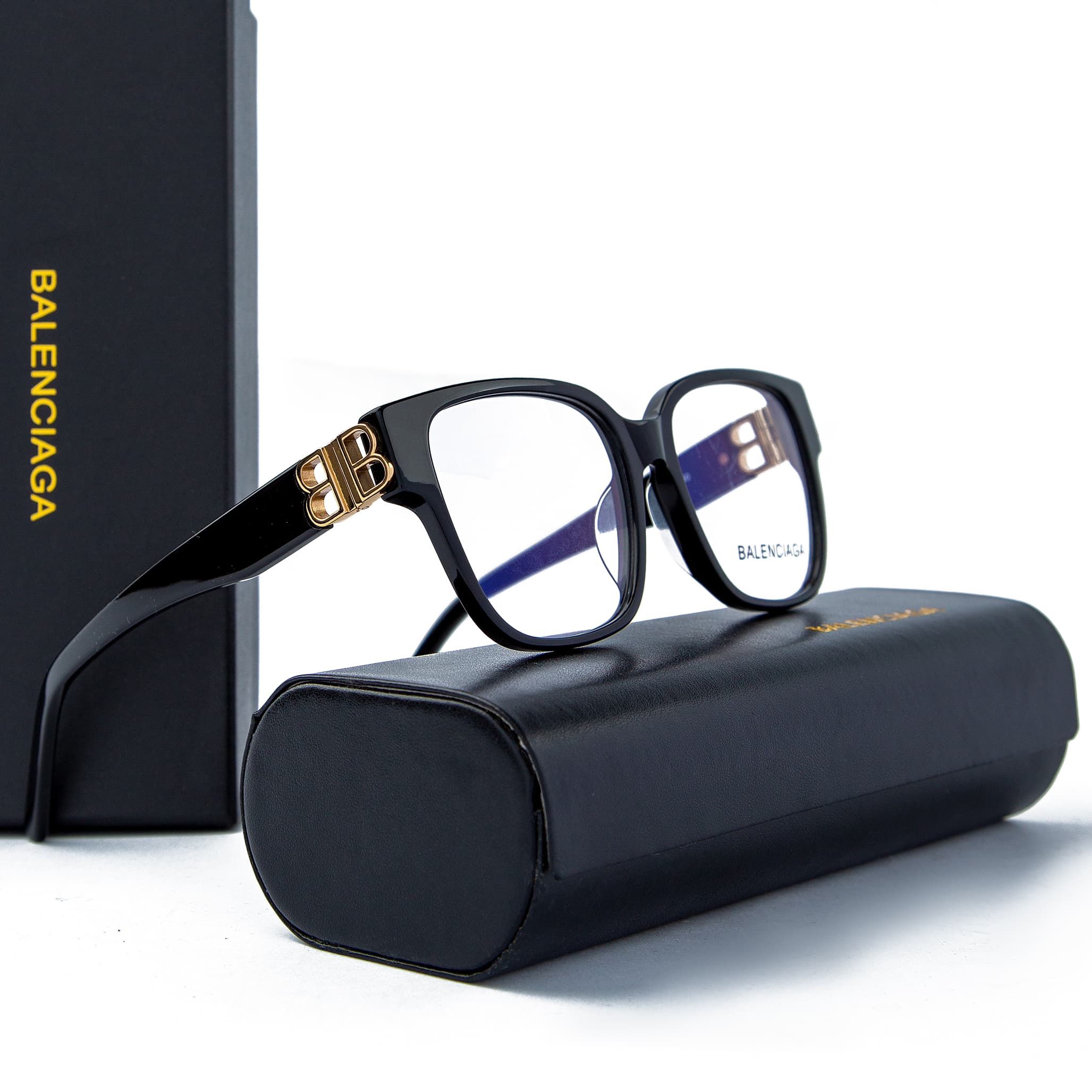 Balenciaga Black Frame Eyeglasses with Gold BB Logo Detailing
