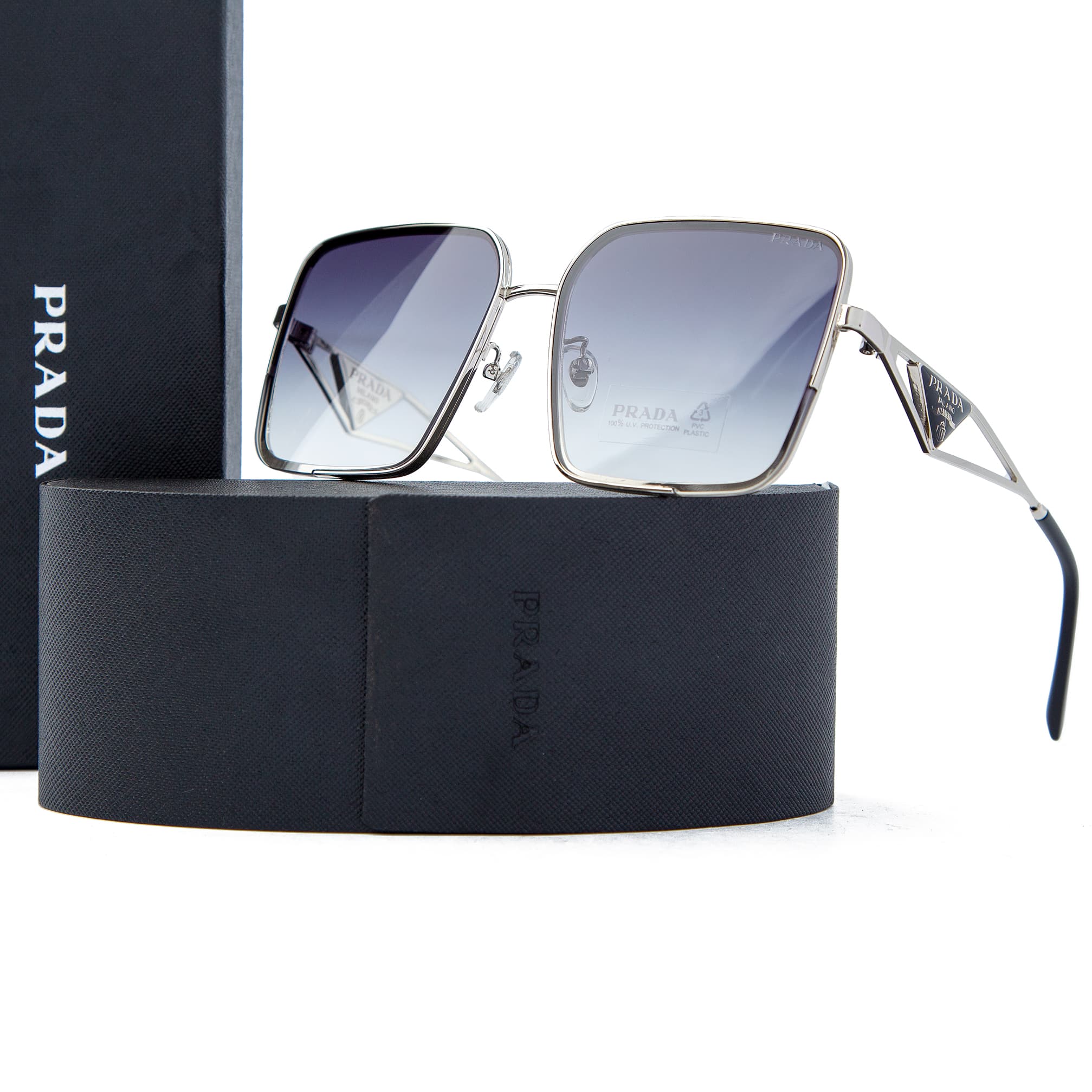 Prada Geometric Oversized Silver Metal Sunglasses with Gradient Gray Lenses - Unisex Luxury Designer Eyewear with UV Protection and Elegant Design"
