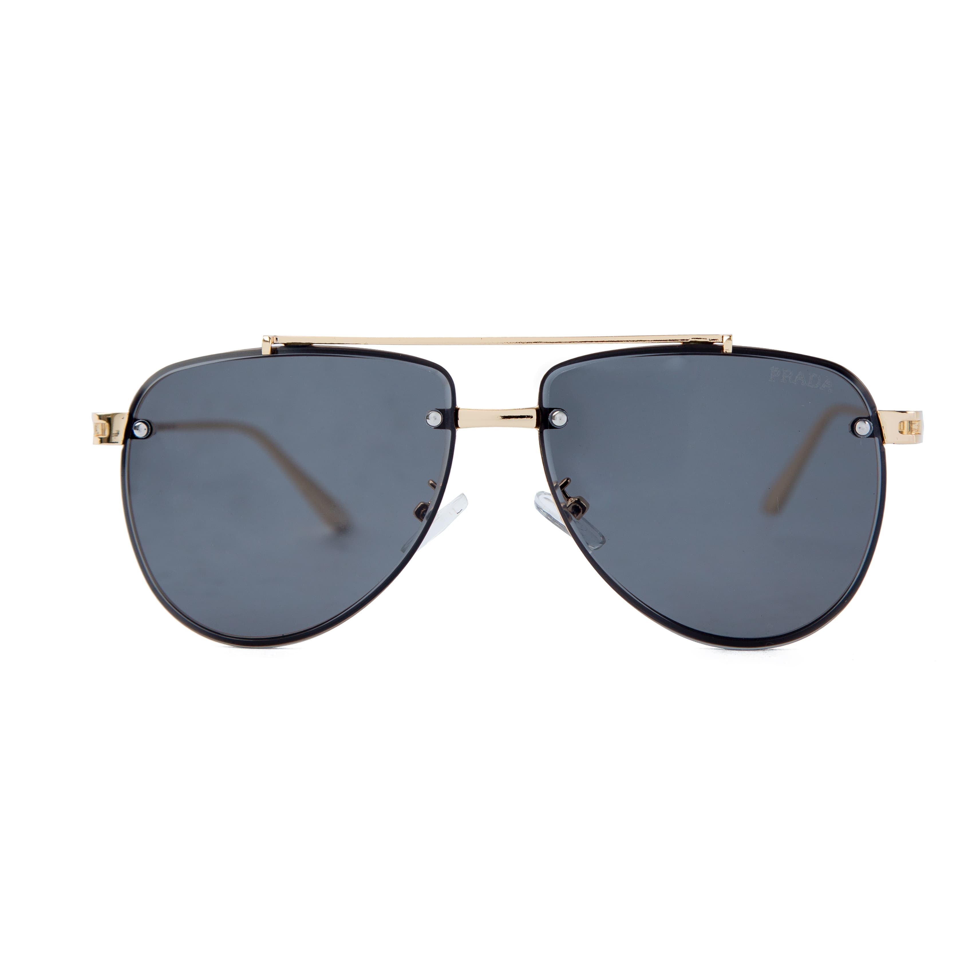 Prada gold aviator sunglasses with dark gray lenses, featuring a luxury gold-tone metal frame and Prada branding, offering UV protection and timeless style
