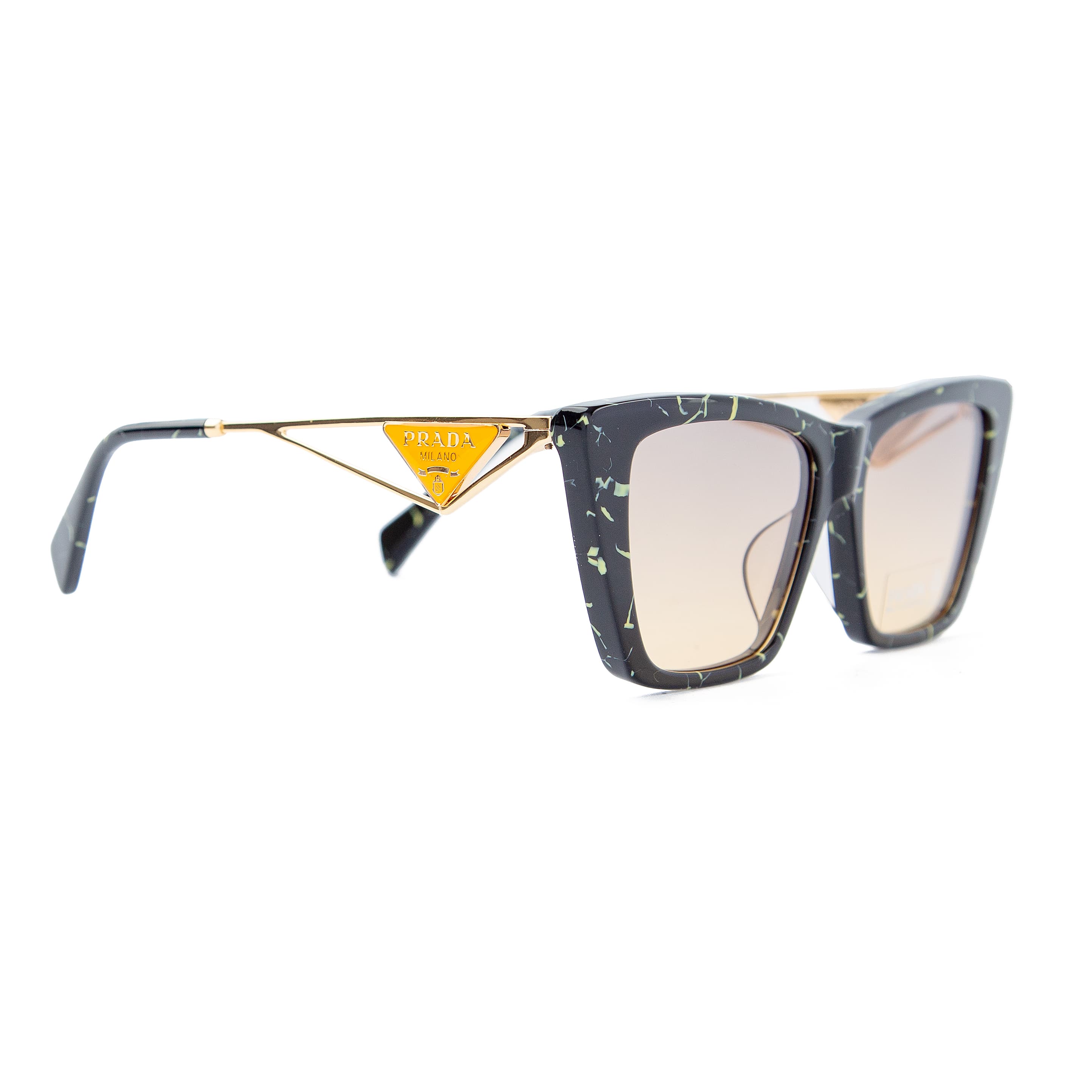 Prada black marble square sunglasses for men, featuring gradient brown lenses, gold accents, and a luxurious design with 100% UV protection.