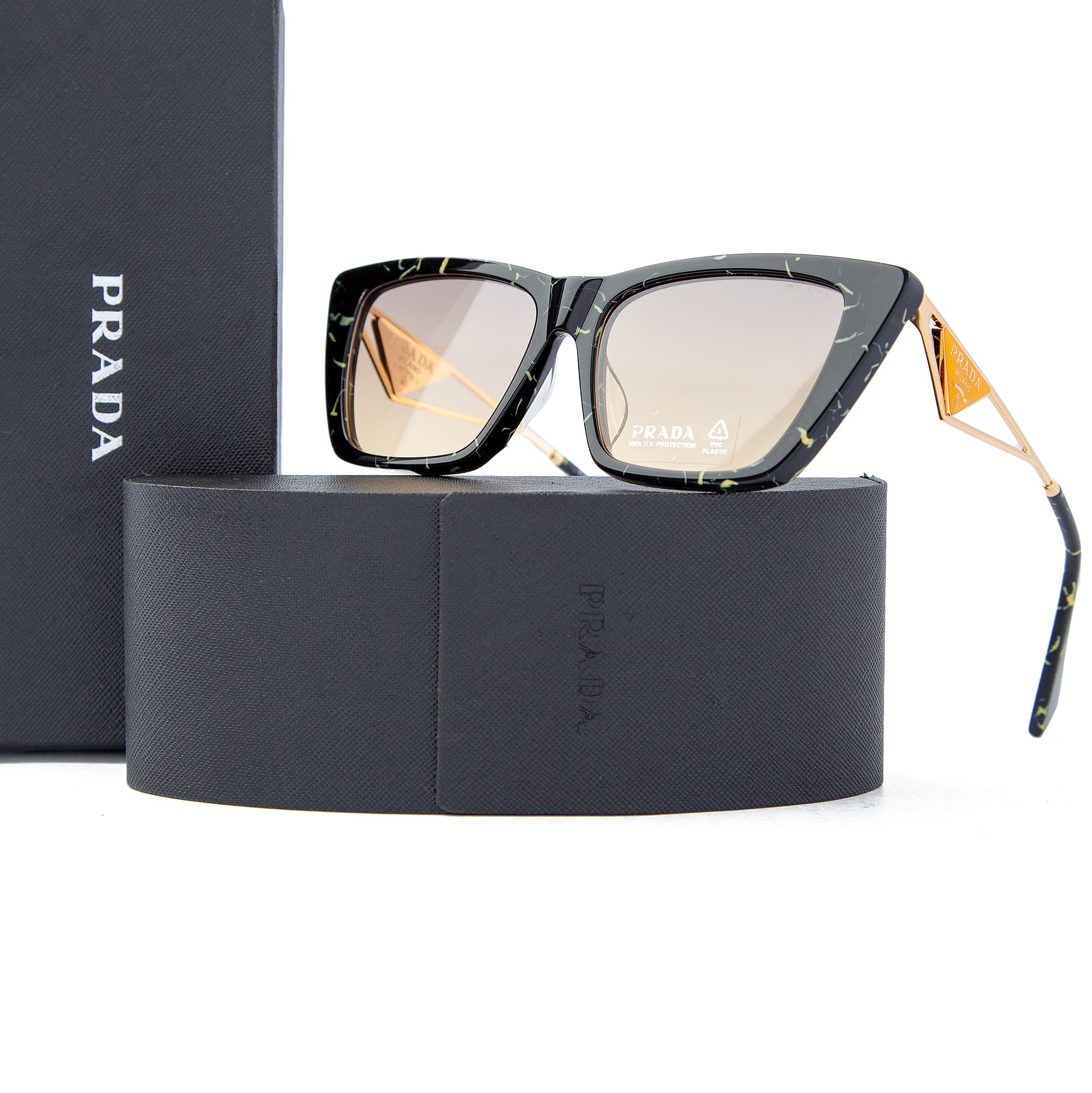 Prada black marble square sunglasses for men, featuring gradient brown lenses, gold accents, and a luxurious design with 100% UV protection.