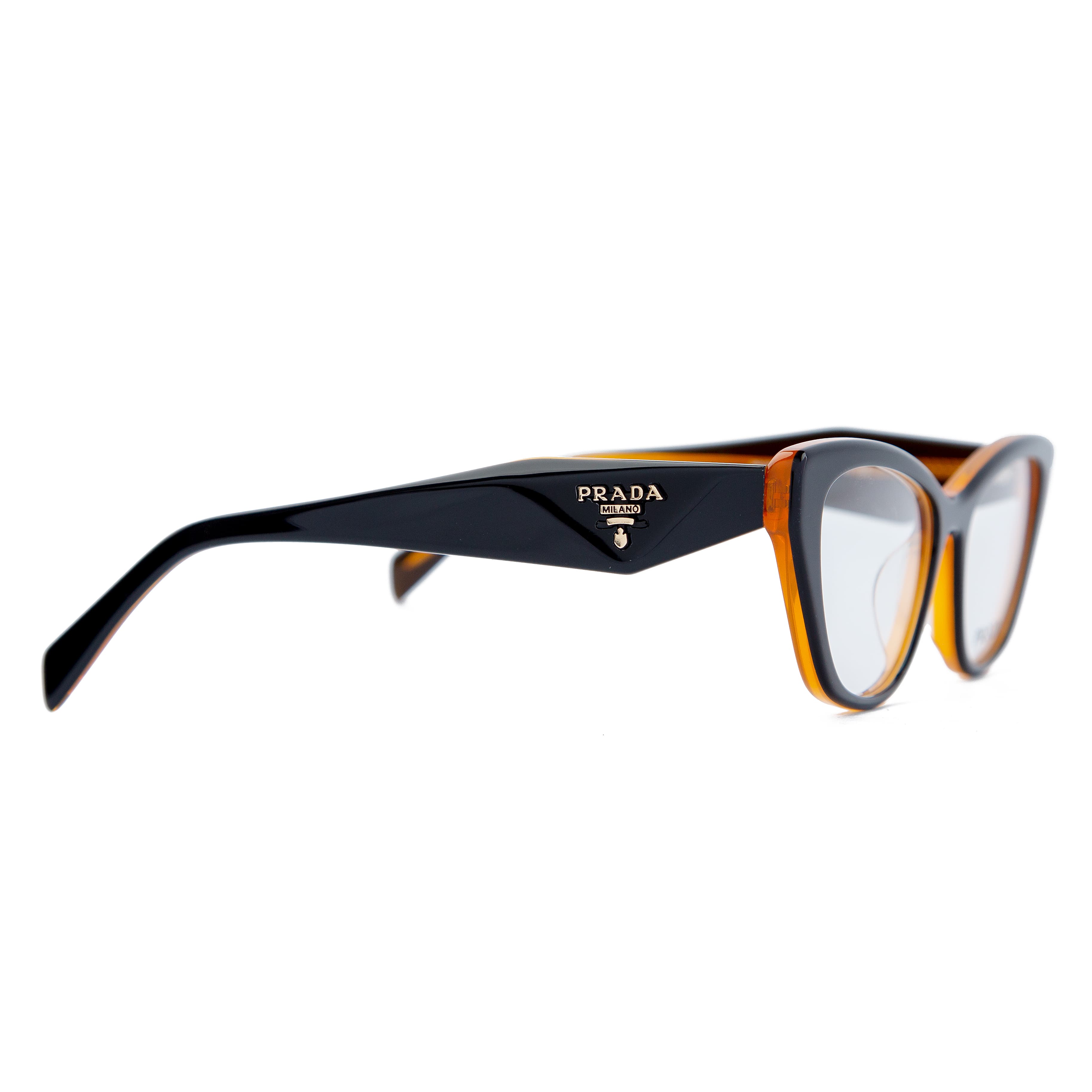 Prada cat-eye tortoiseshell glasses for women, featuring black and amber accents with a sleek design and signature Prada logo on the temples.