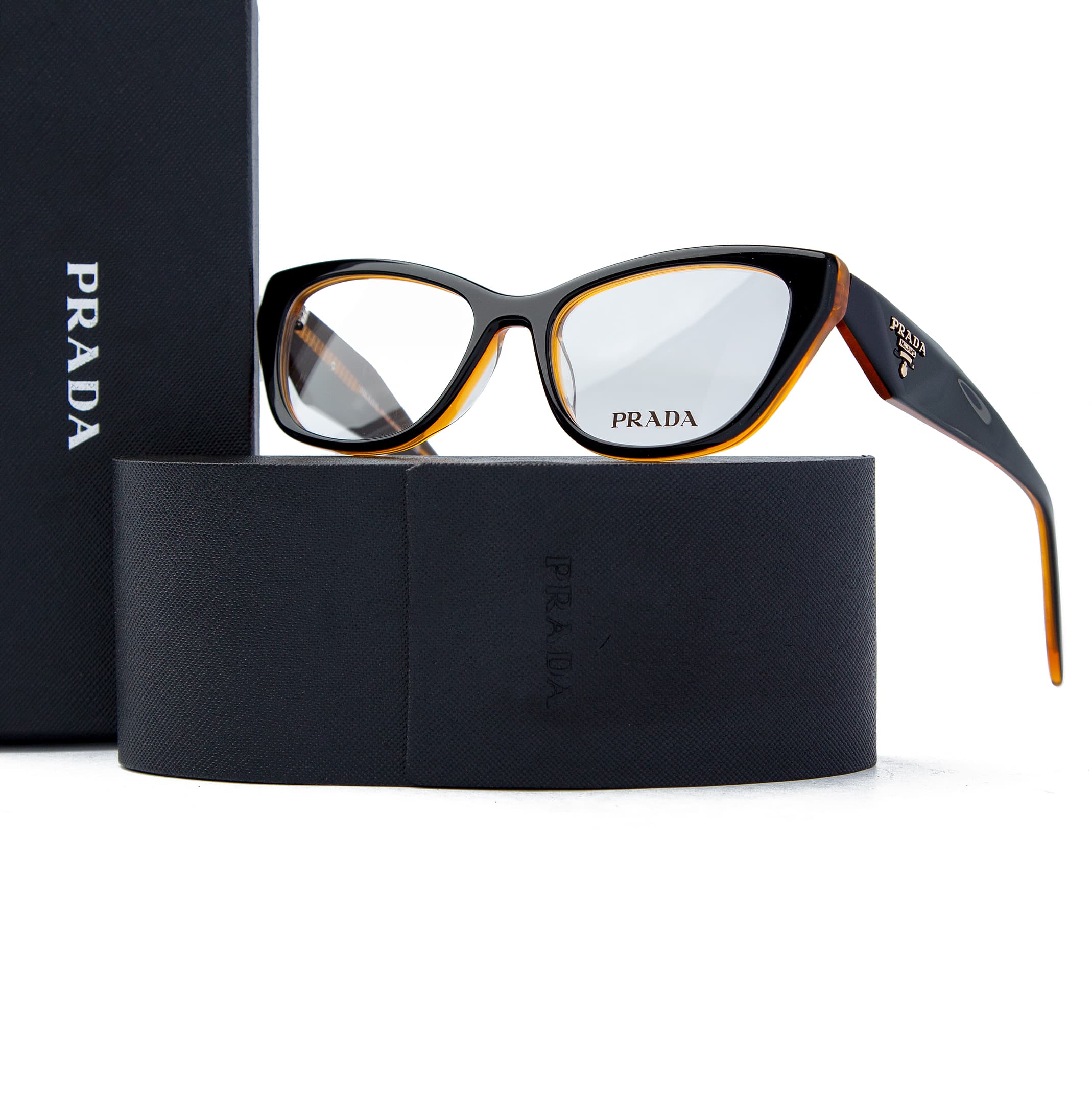 Prada cat-eye tortoiseshell glasses for women, featuring black and amber accents with a sleek design and signature Prada logo on the temples.