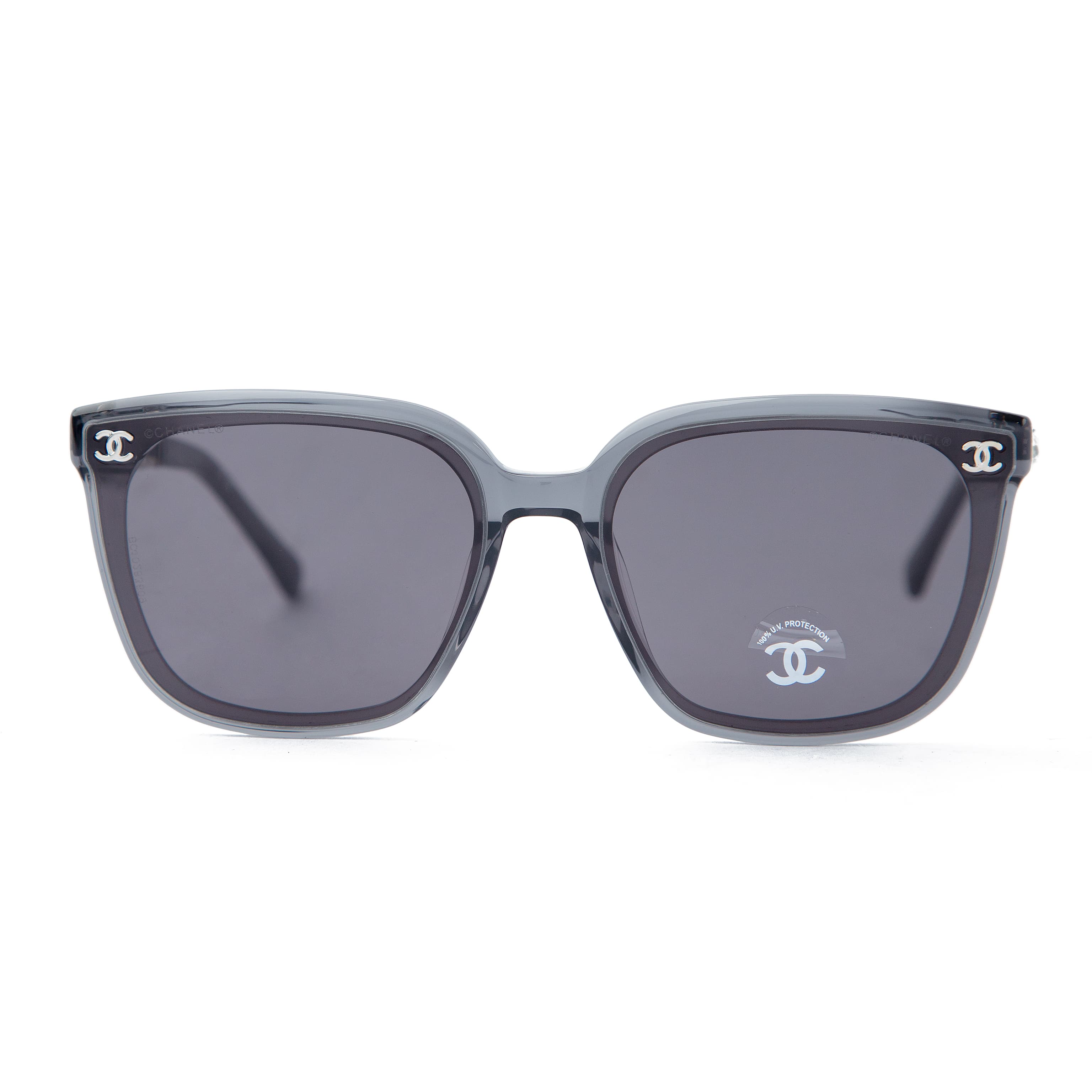 Chanel grey transparent square sunglasses for men with logo chain temples, luxurious eyewear offering UV protection and a modern, stylish look