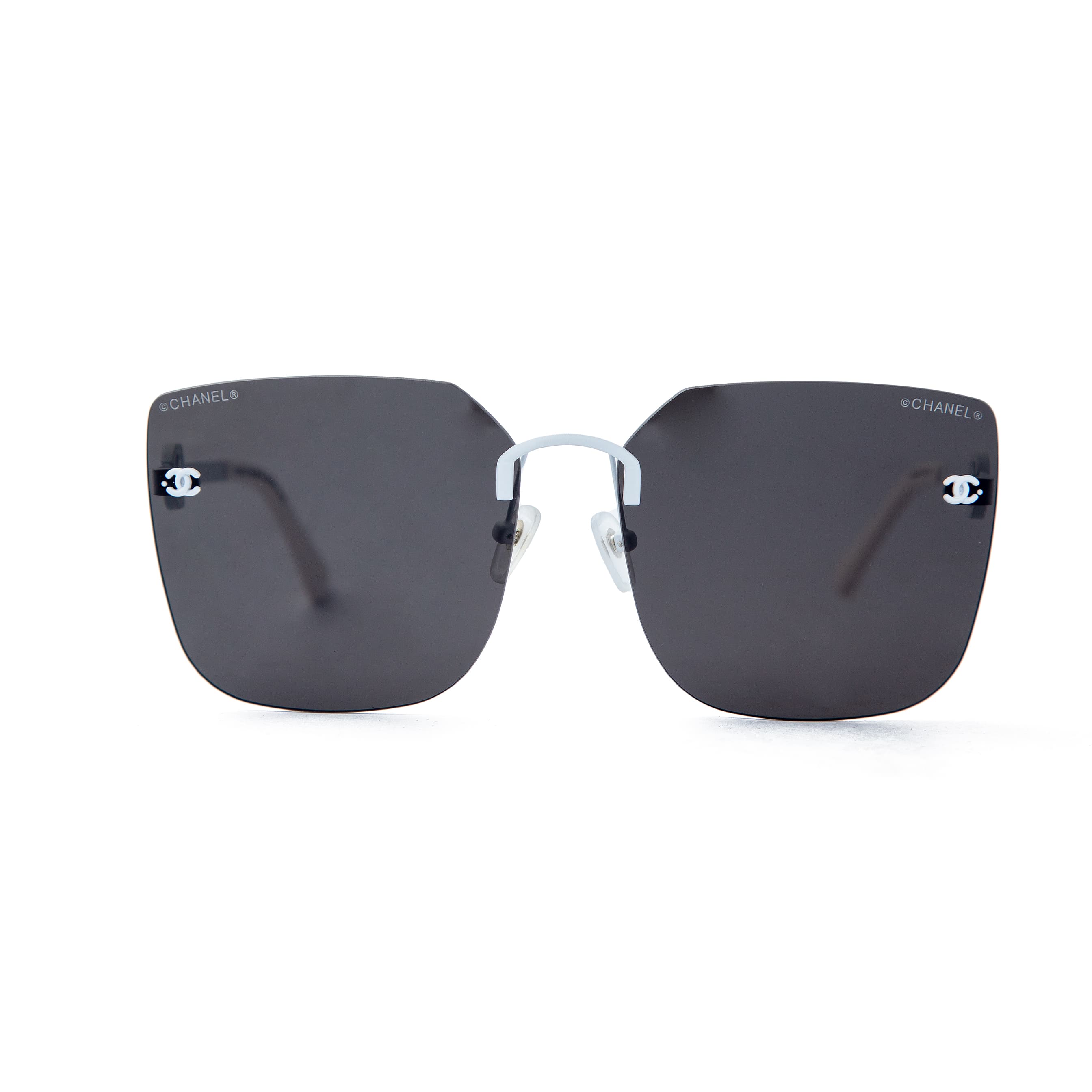 Chanel Silver Frame Square Sunglasses with Black Gradient Lenses in Quilted Case – Unisex Luxury Eyewear for All Occasions