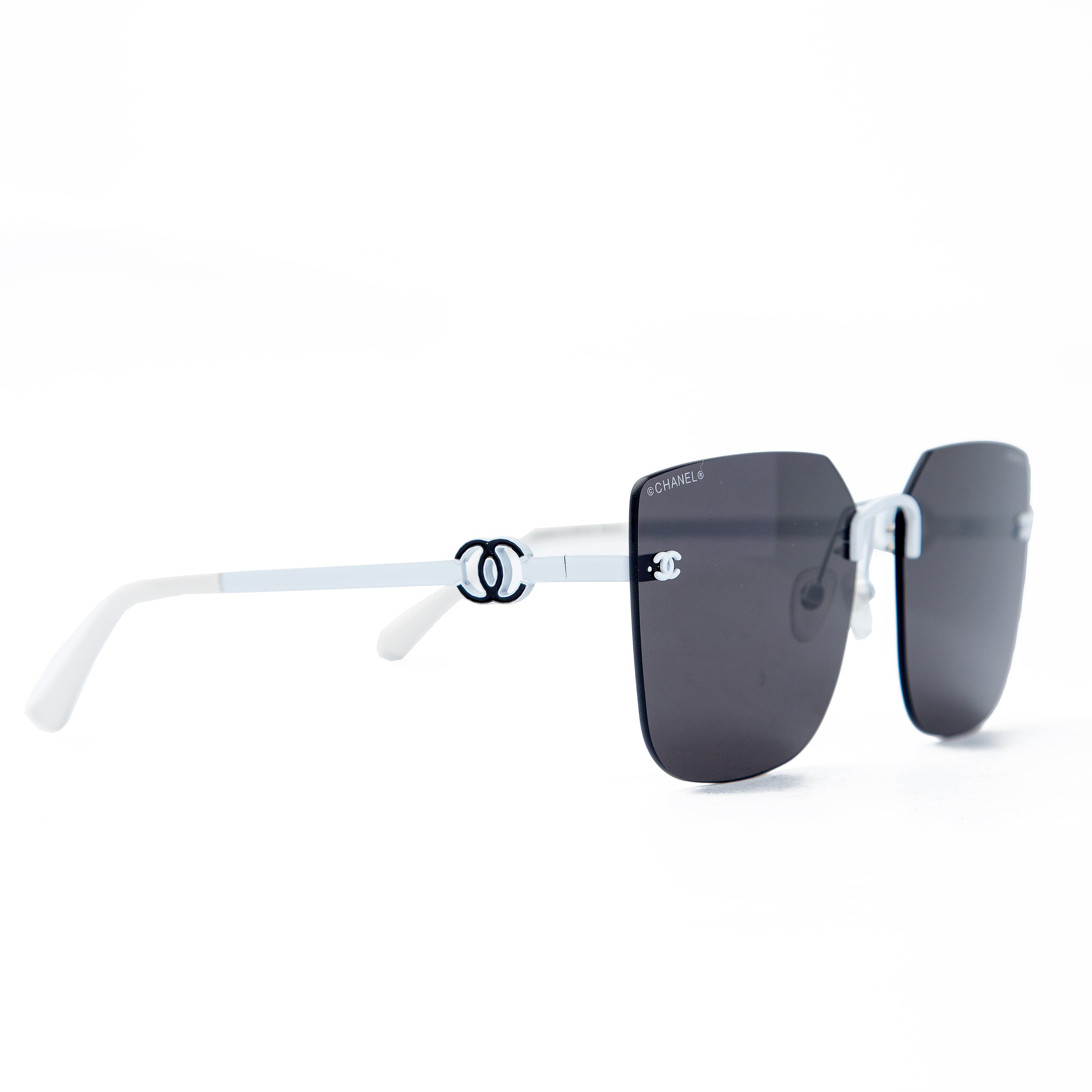 Chanel Silver Frame Square Sunglasses with Black Gradient Lenses in Quilted Case – Unisex Luxury Eyewear for All Occasions