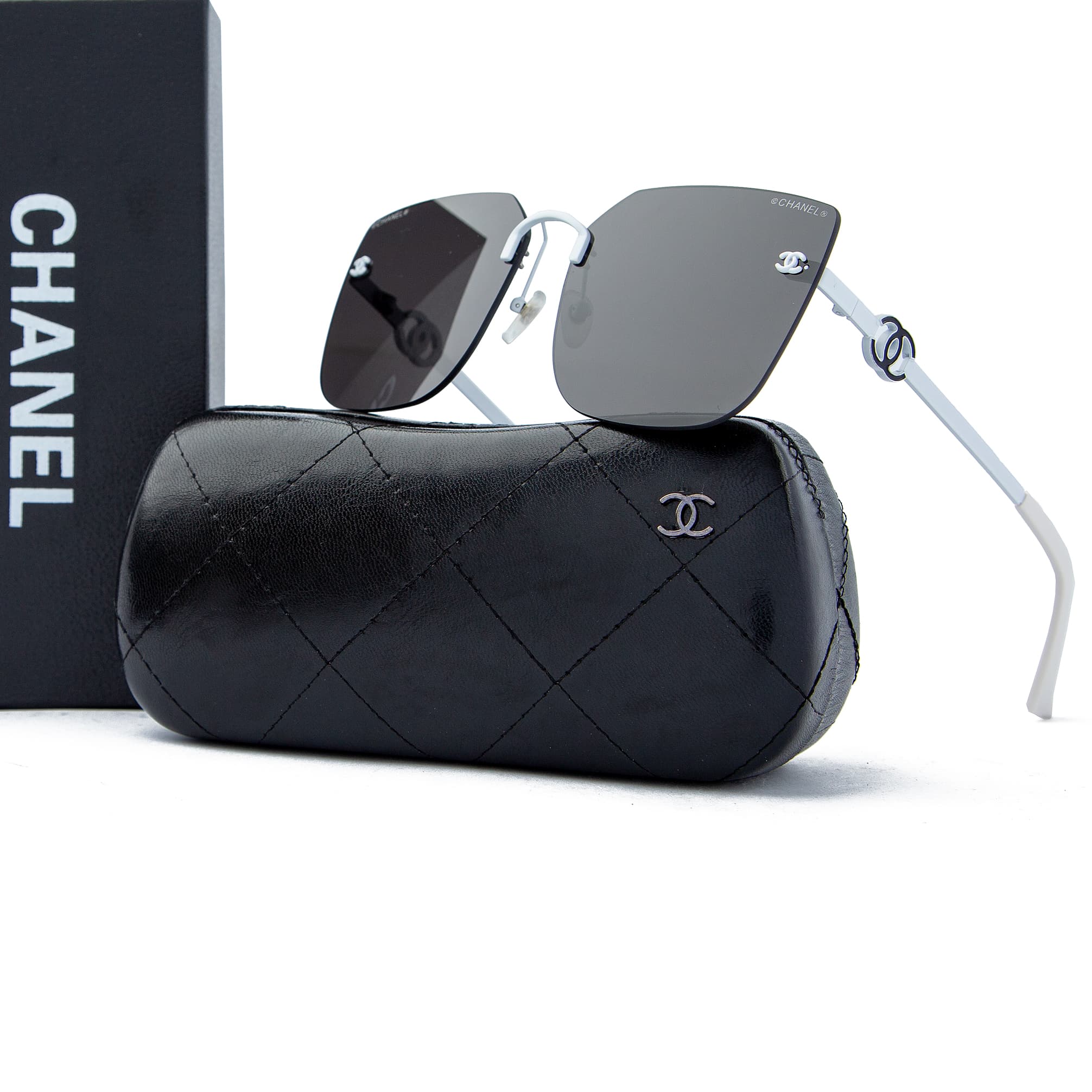 Chanel Silver Frame Square Sunglasses with Black Gradient Lenses in Quilted Case – Unisex Luxury Eyewear for All Occasions