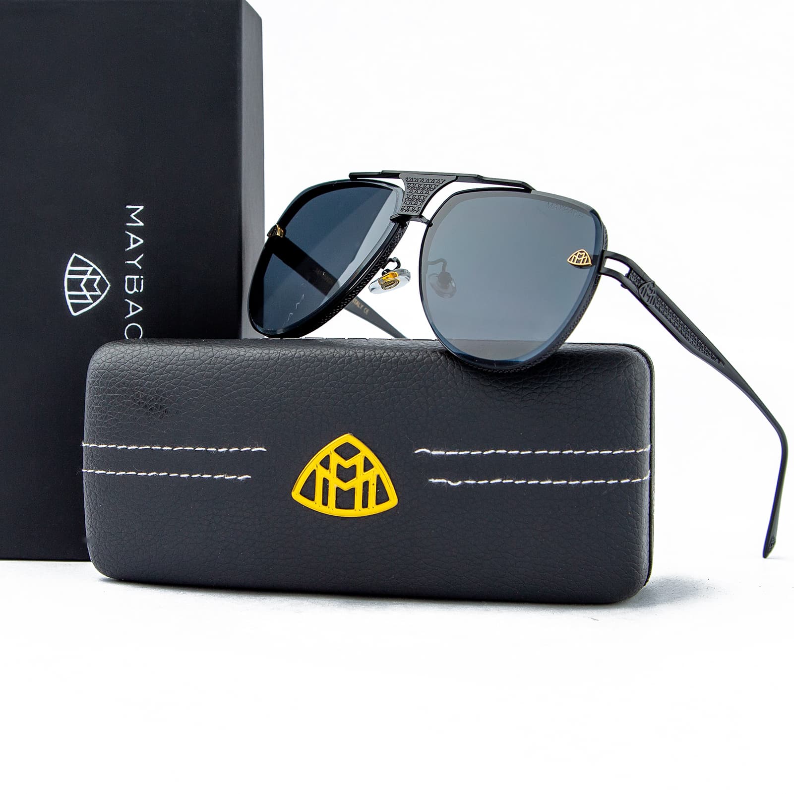 Maybach aviator sunglasses with a black frame and polarized grey lenses, a luxurious unisex design with iconic Maybach branding.