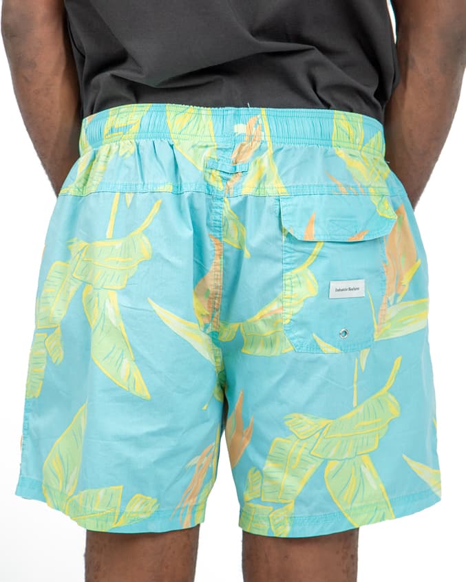 Men's Light Blue Tropical Print Beach Shorts, Elastic Waistband, Quick-Dry Fabric