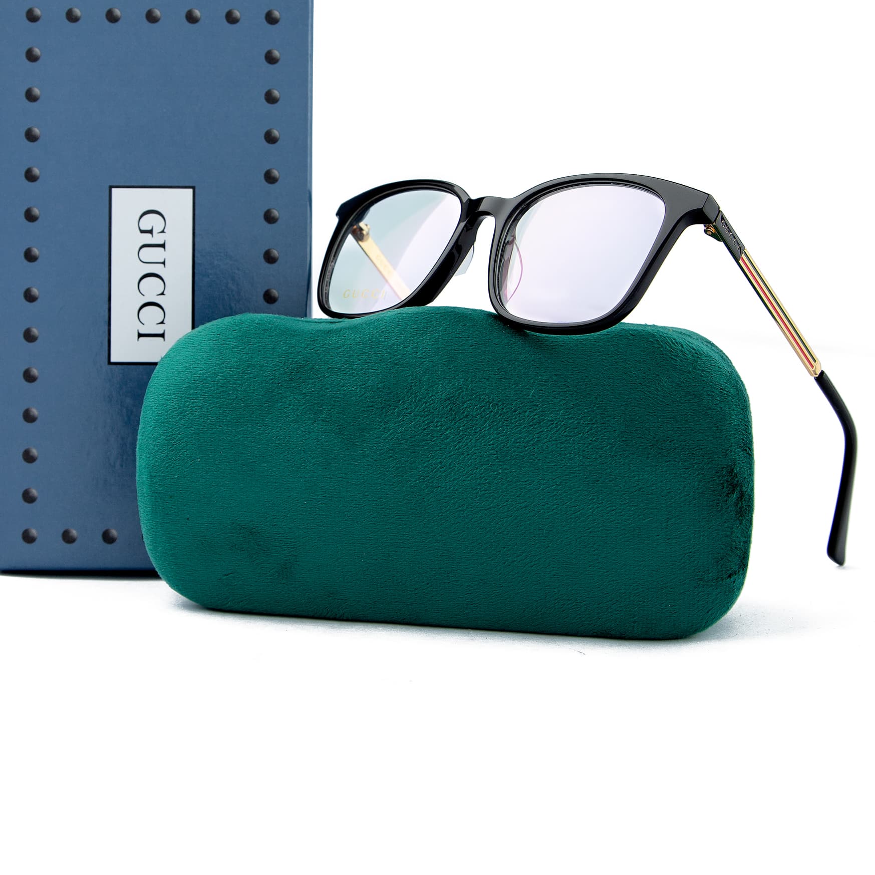 Gucci Black Frame Eyeglasses with gold accents and green case
