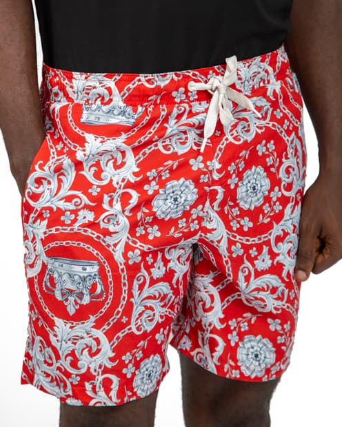  Men's Red Baroque Print Beach Shorts, Elastic Waistband, Quick-Dry Fabric, Designer Style