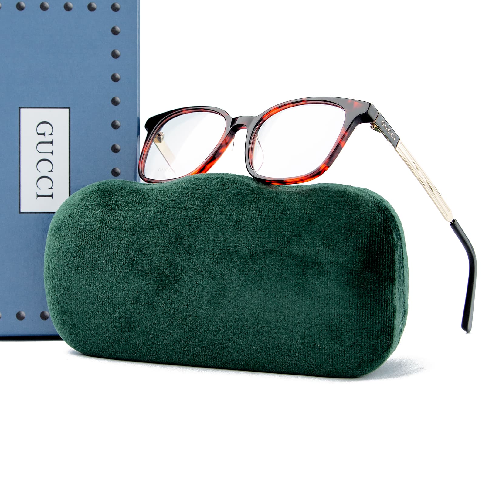 Gucci Tortoiseshell Frame Eyeglasses with gold accents and green case