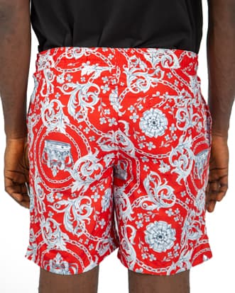  Men's Red Baroque Print Beach Shorts, Elastic Waistband, Quick-Dry Fabric, Designer Style