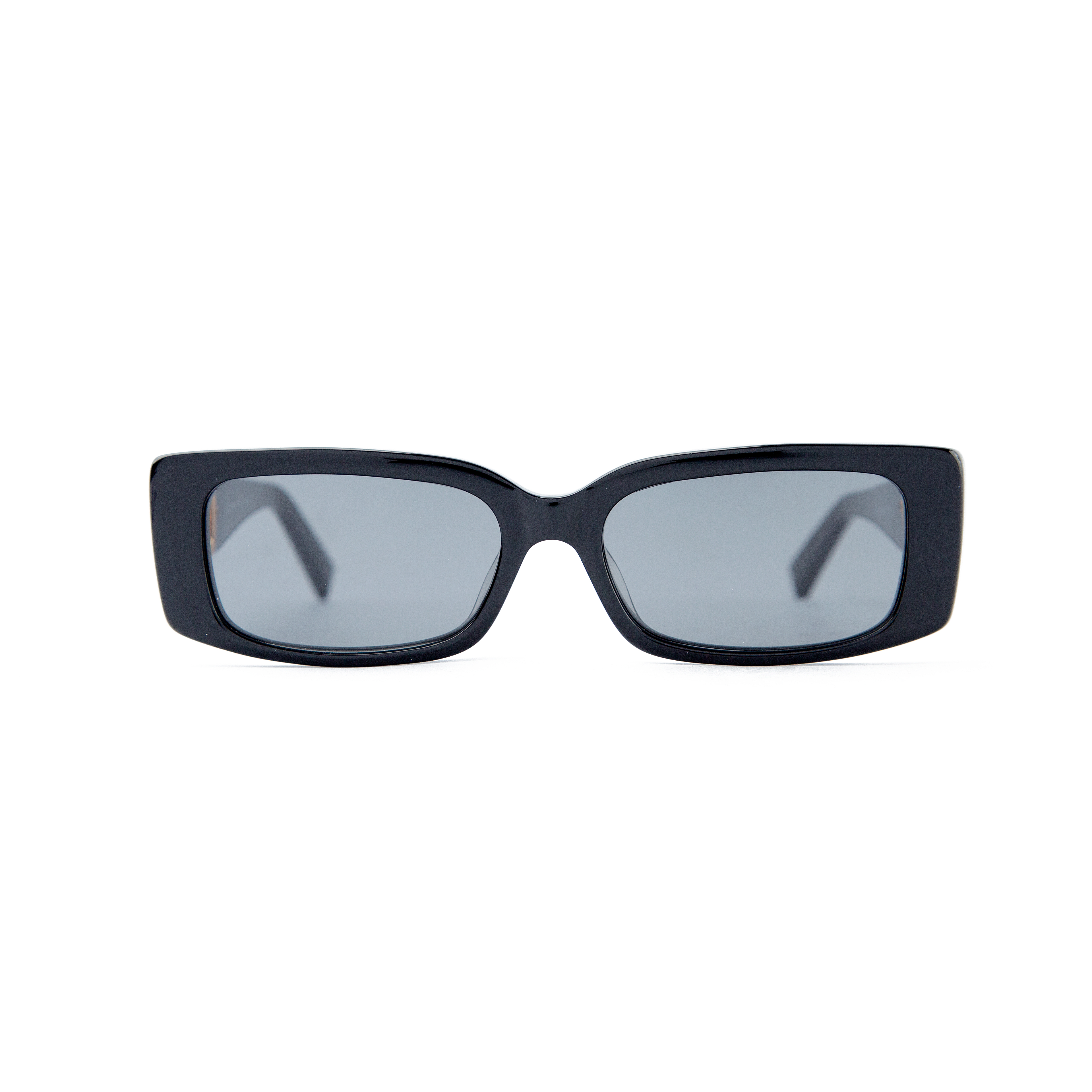 Valentino rectangular black sunglasses with gold logo accents and grey-tinted lenses. Unisex designer eyewear for a luxurious and stylish look.