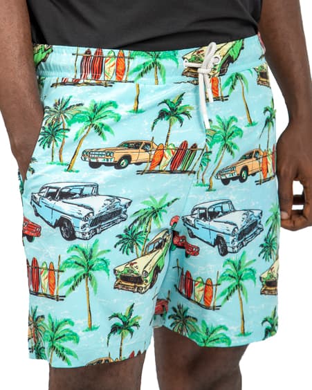  Men's Light Blue Vintage Car Print Beach Shorts, Elastic Waistband, Quick-Dry Fabric, Retro Design