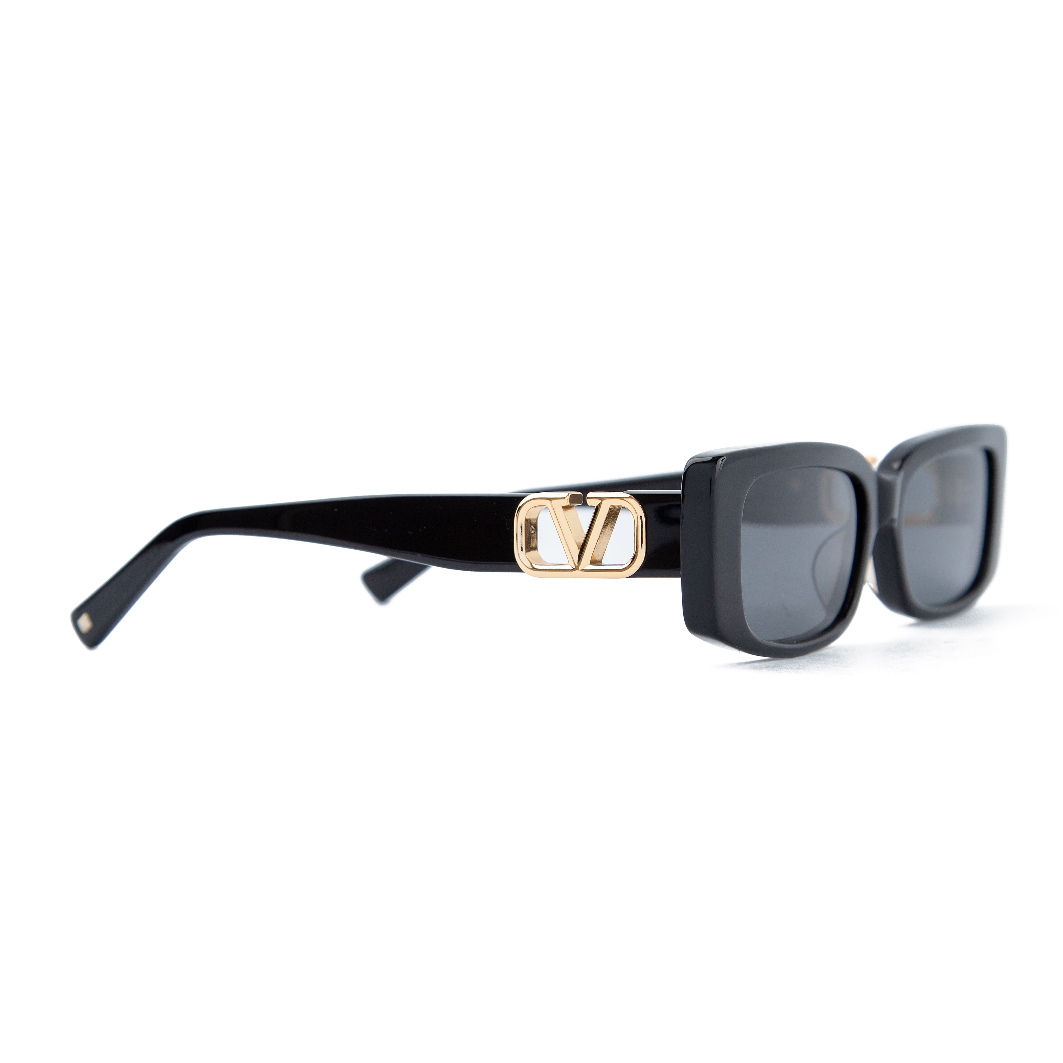 Valentino rectangular black sunglasses with gold logo accents and grey-tinted lenses. Unisex designer eyewear for a luxurious and stylish look.