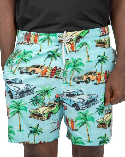 Men's Light Blue Vintage Car Print Beach Shorts, Elastic Waistband, Quick-Dry Fabric, Retro Design
