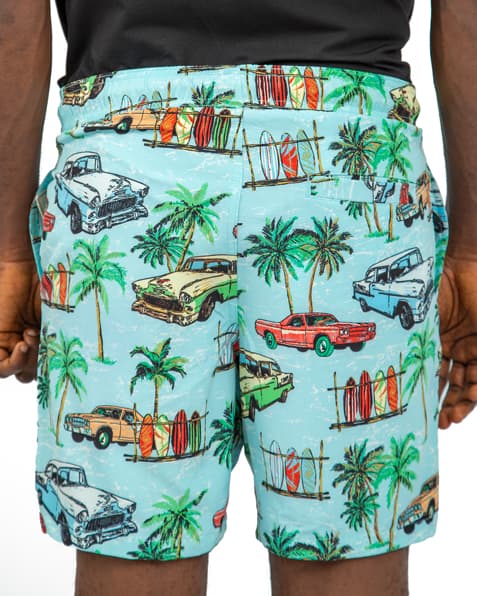  Men's Light Blue Vintage Car Print Beach Shorts, Elastic Waistband, Quick-Dry Fabric, Retro Design