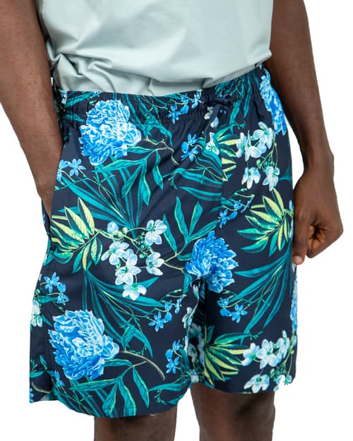 Floral print men's beach short  with blue and green flowers