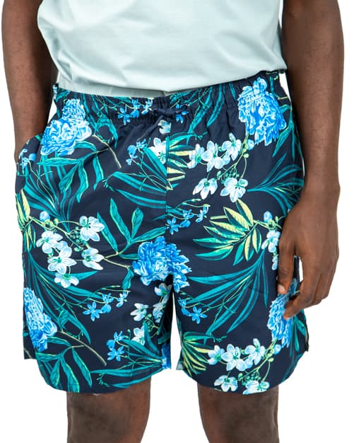 Floral print men's beach short  with blue and green flowers.
