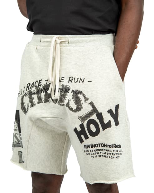 Light grey, graphic print, distressed details, streetwear style.