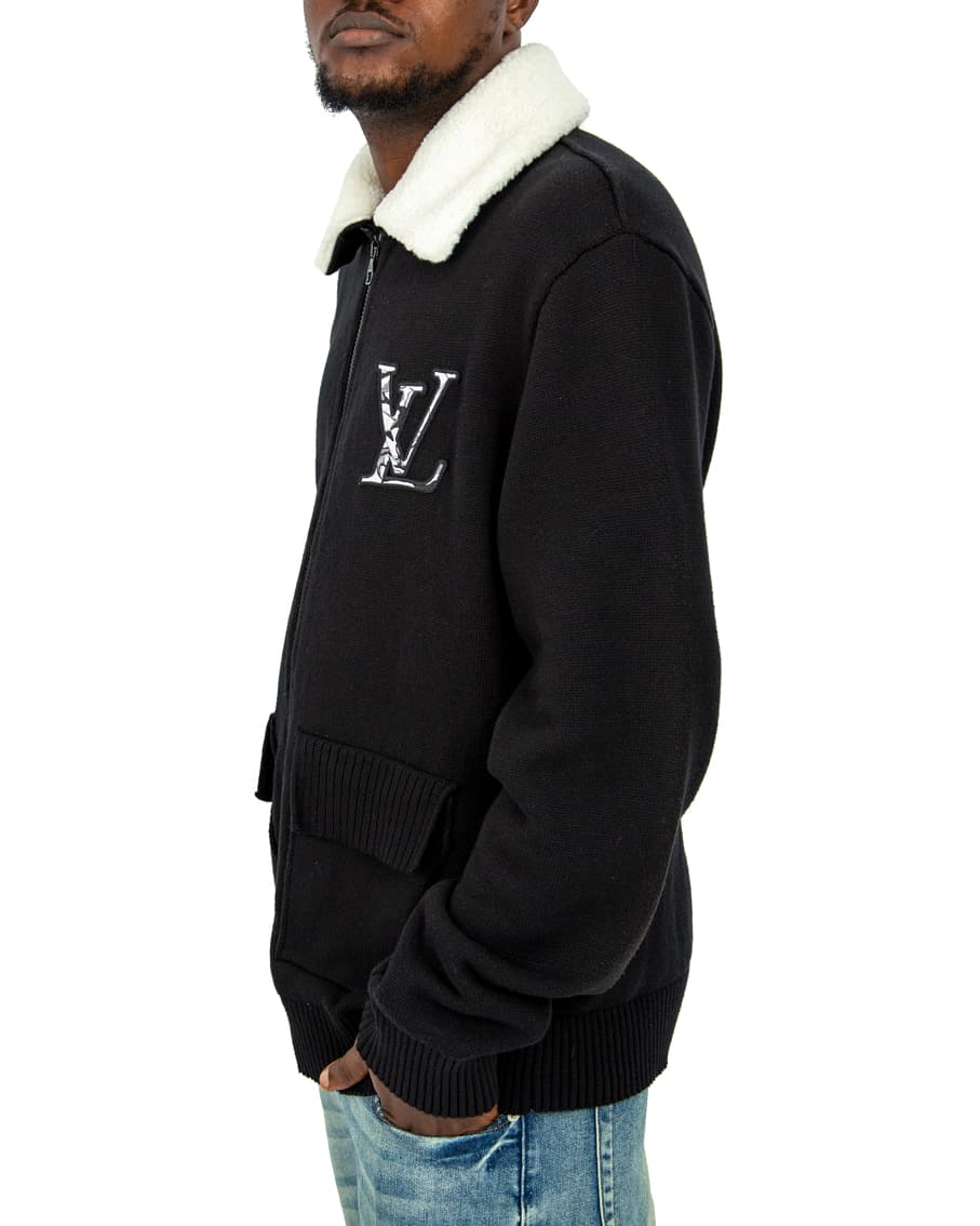 Louis Vuitton black wool blouson jacket with white shearling collar and LV logo