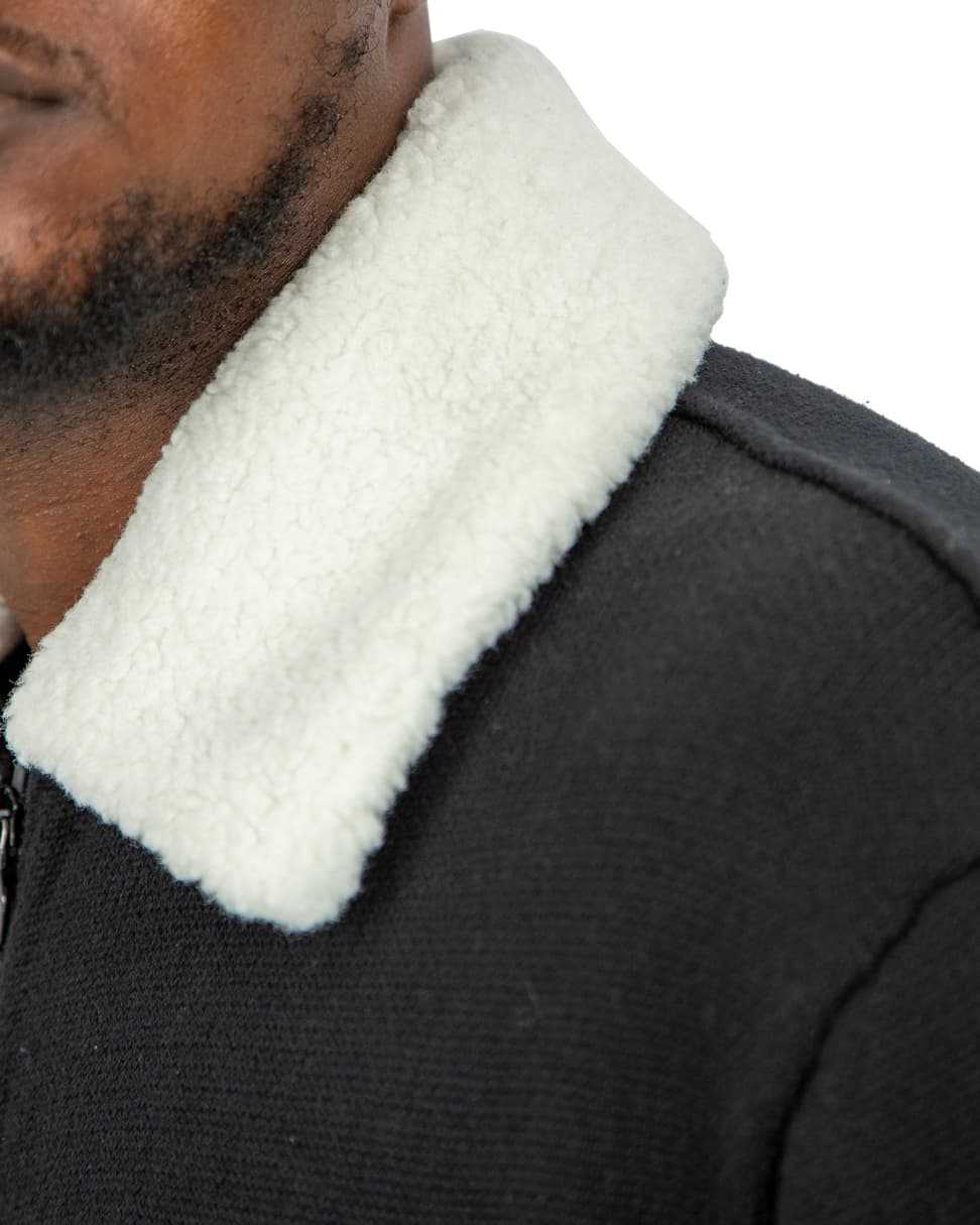 Louis Vuitton black wool blouson jacket with white shearling collar and LV logo