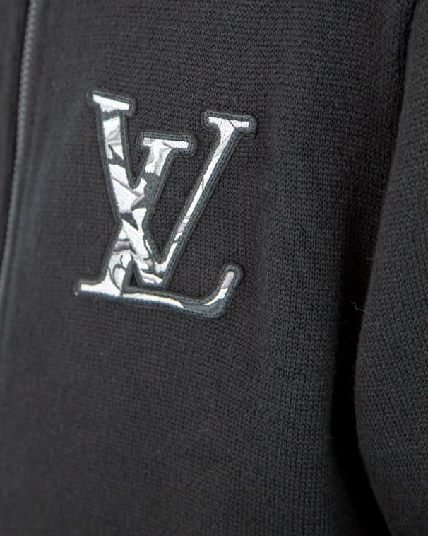 Louis Vuitton black wool blouson jacket with white shearling collar and LV logo