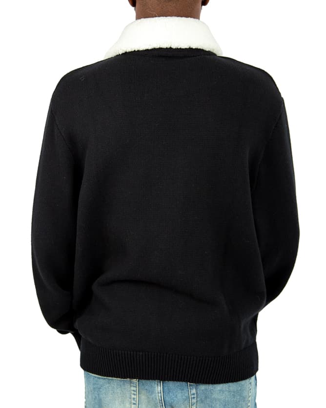 Louis Vuitton black wool blouson jacket with white shearling collar and LV logo