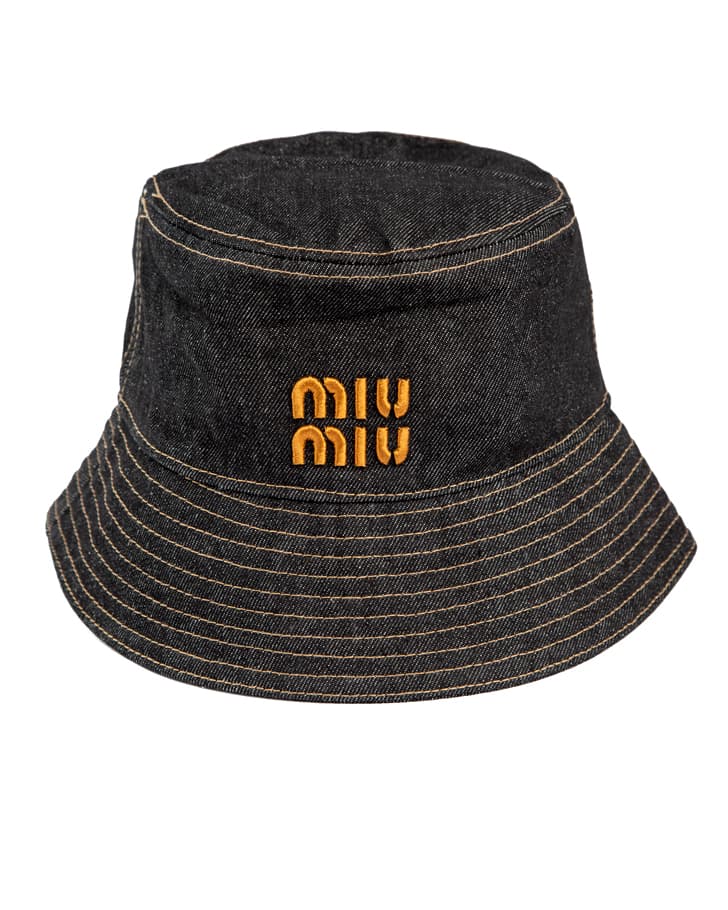 Miu Miu Denim Logo Bucket Hat, Dark Denim, Orange Logo, Women's