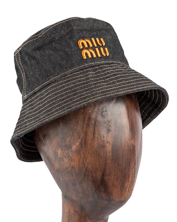 Miu Miu Denim Logo Bucket Hat, Dark Denim, Orange Logo, Women's