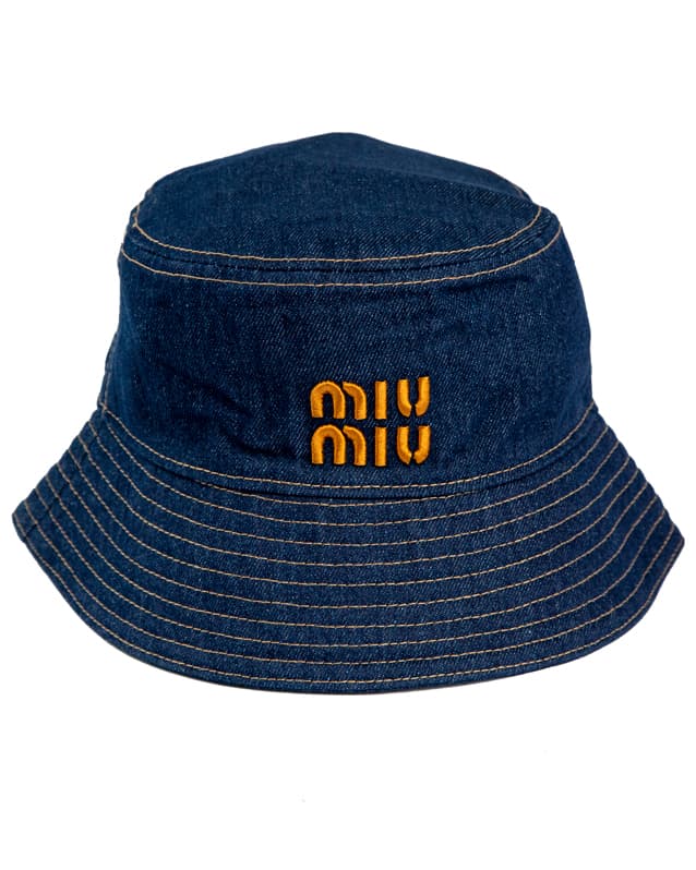 Miu Miu Denim Logo Bucket Hat, Dark Denim, Orange Logo, Women's