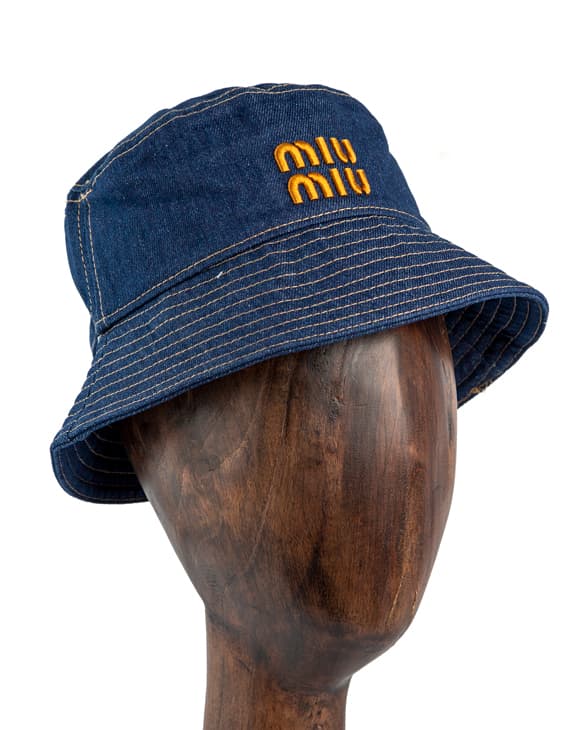 Miu Miu Denim Logo Bucket Hat, Dark Denim, Orange Logo, Women's