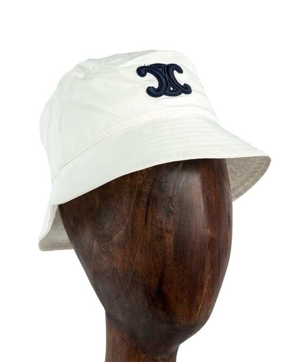 Celine Triomphe Bucket Hat, White, Dark Navy Logo, Unisex