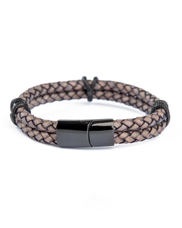Urban Edge Braided Leather Bracelet, Dark Grey Leather with Black Metal, Men's Accessory