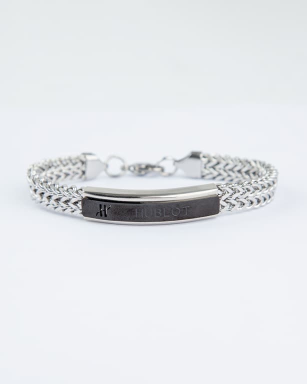 Hublot Stainless Steel Link Bracelet, Silver Steel, Black Logo Plate, Men's Accessory