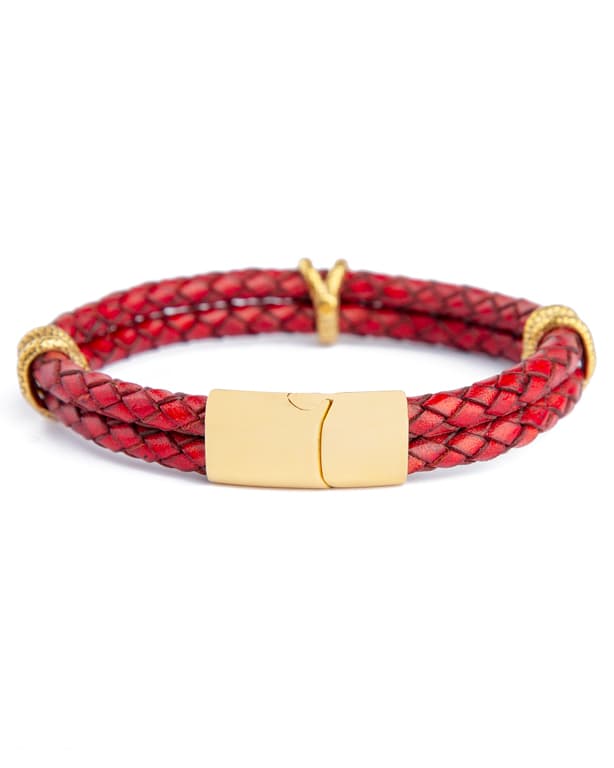 Crimson Braided Leather Bracelet, Red Leather with Gold Accents, Men's Accessory