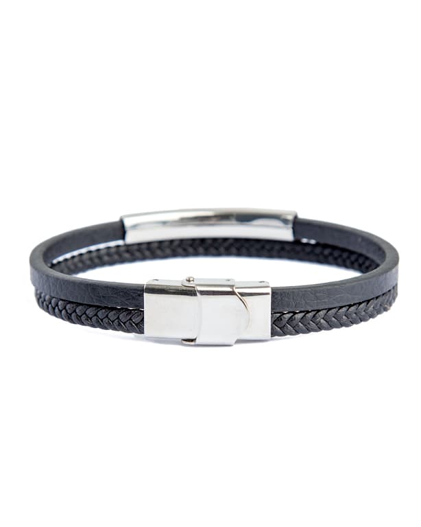 Dual Texture Leather and Steel Bracelet, Black Leather, Silver Steel, Men's Accessory