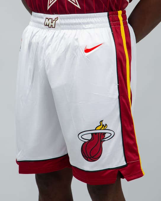 Nike Miami Heat Icon Edition Swingman Shorts, White, MH Logo, Flaming Basketball, NBA Shorts