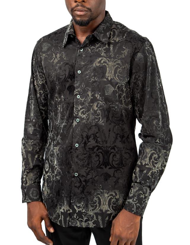 Barabas Black Velvet Baroque Pattern Shirt