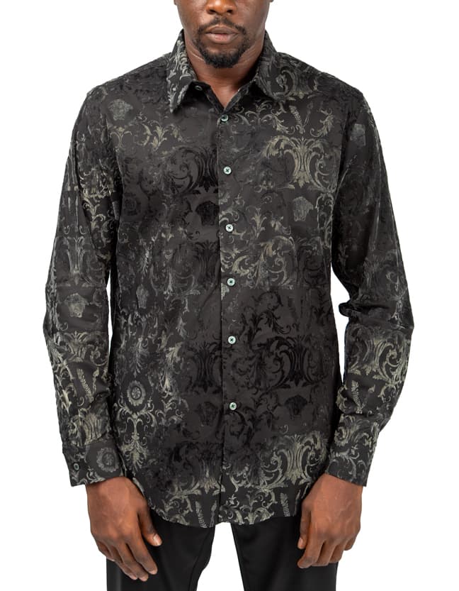 Barabas Black Velvet Baroque Pattern Shirt