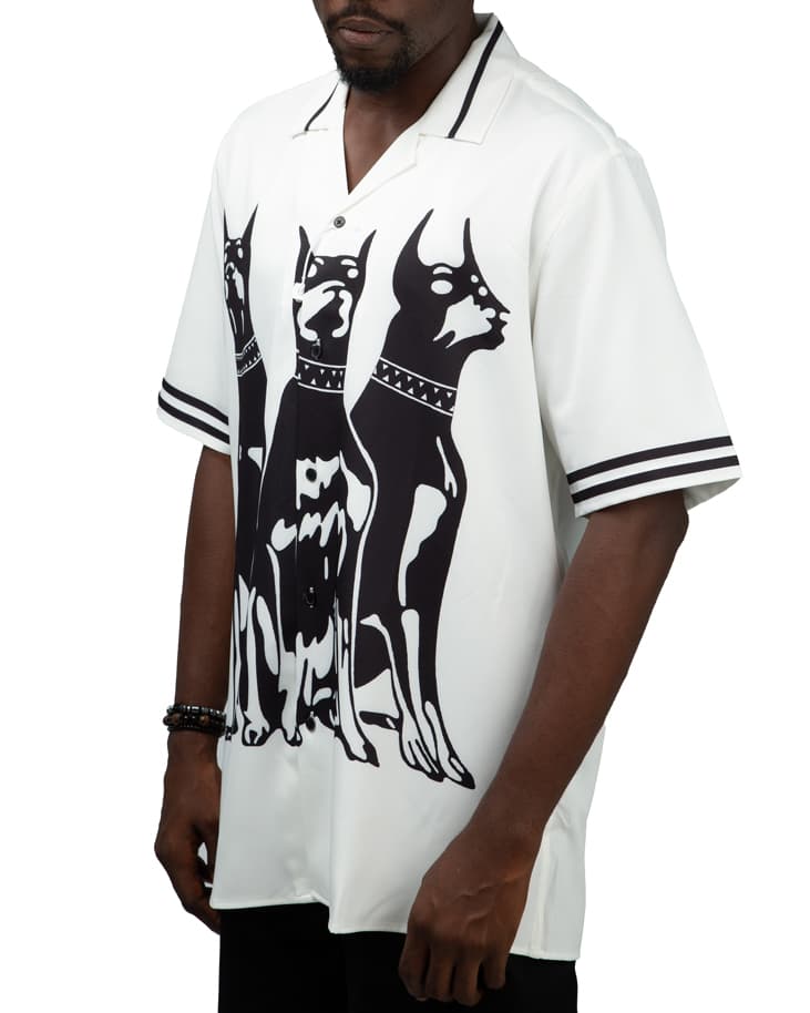 White shirt with black Doberman print silk shirt