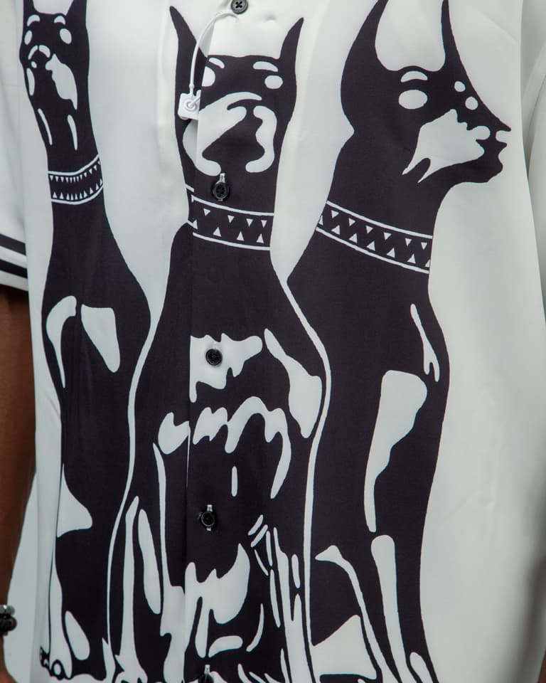 White shirt with black Doberman print silk shirt